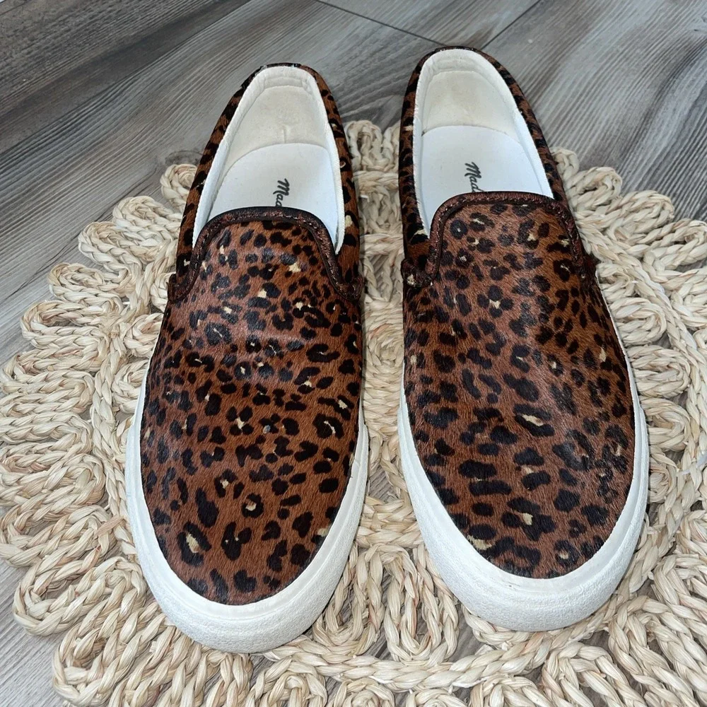 Madewell Women's 8 Sidewalk Slip On Sneakers Real Calf Hair Leopard‎ Print
